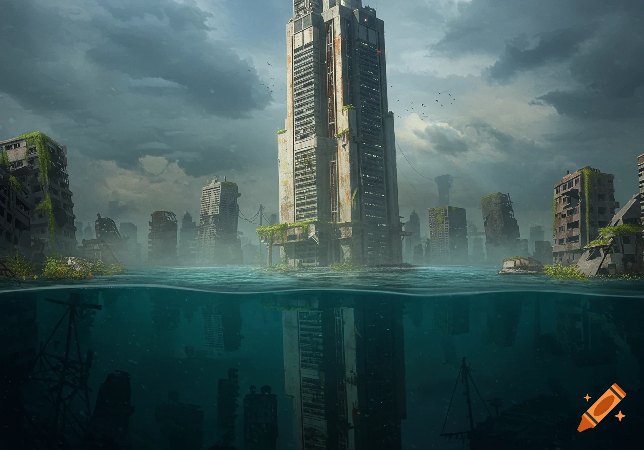 A semi-realistic digital painting of a flooded city with submerged buildings and a large central tower under a stormy sky.
