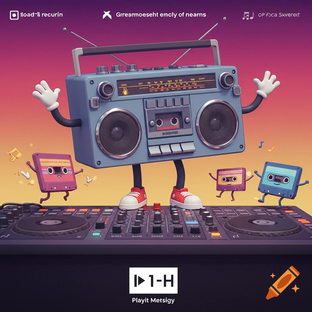 Cartoon boombox character dances on a DJ mixer with dancing cassette tapes.
