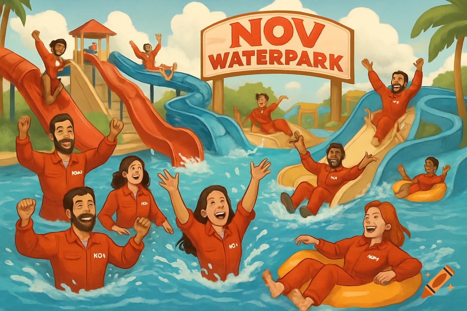 People in red overalls have fun at a waterpark with slides and tubes in a painted style.