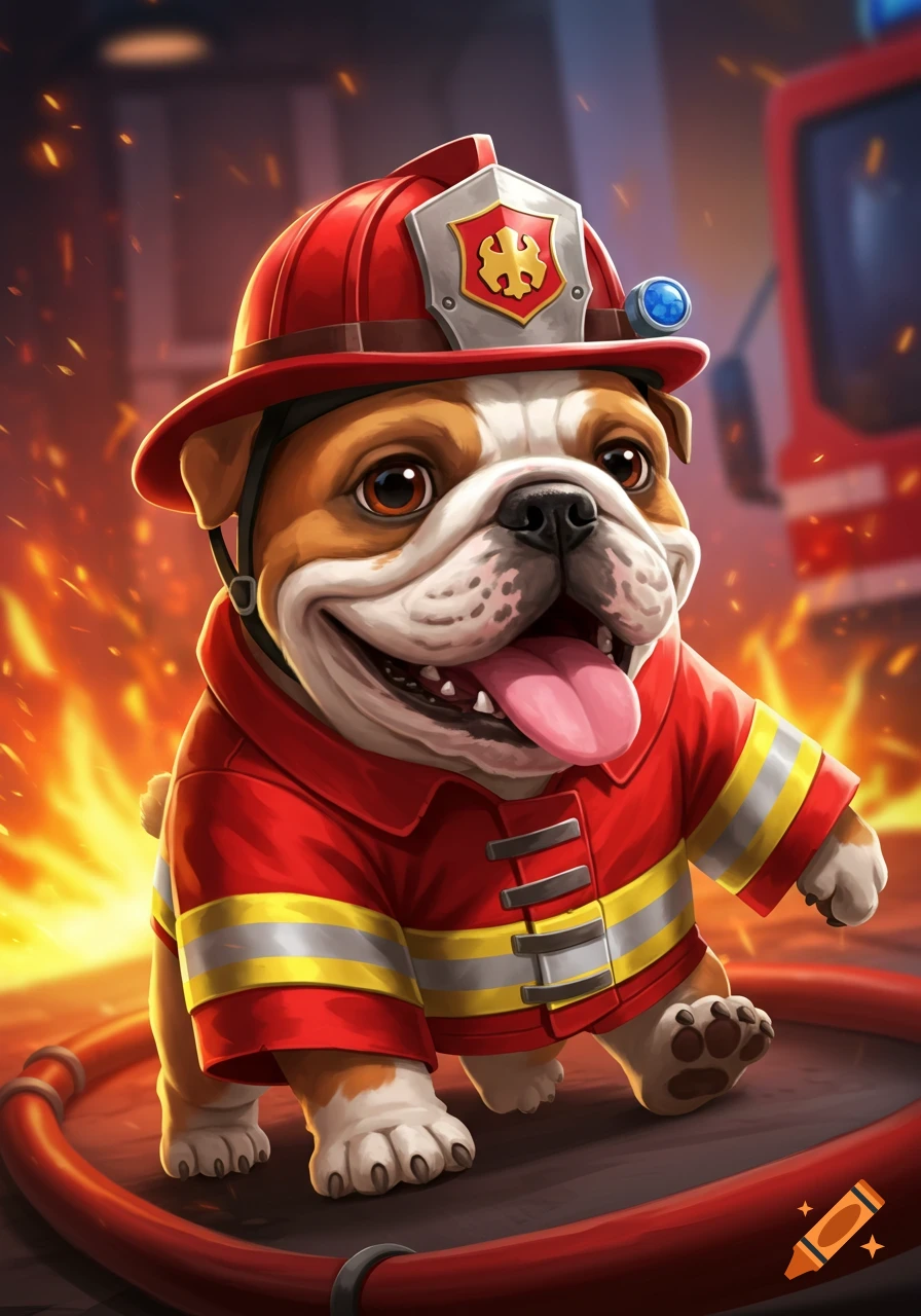 Cute bulldog puppy in a firefighter uniform standing in front of flames.