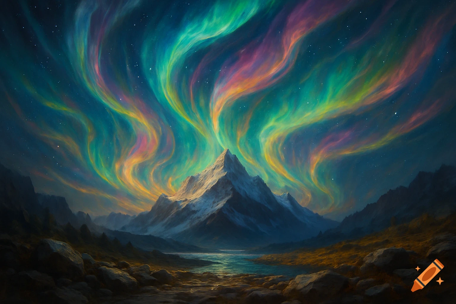 Vibrant aurora borealis over a snowy mountain peak and valley with a river, fantasy art style.