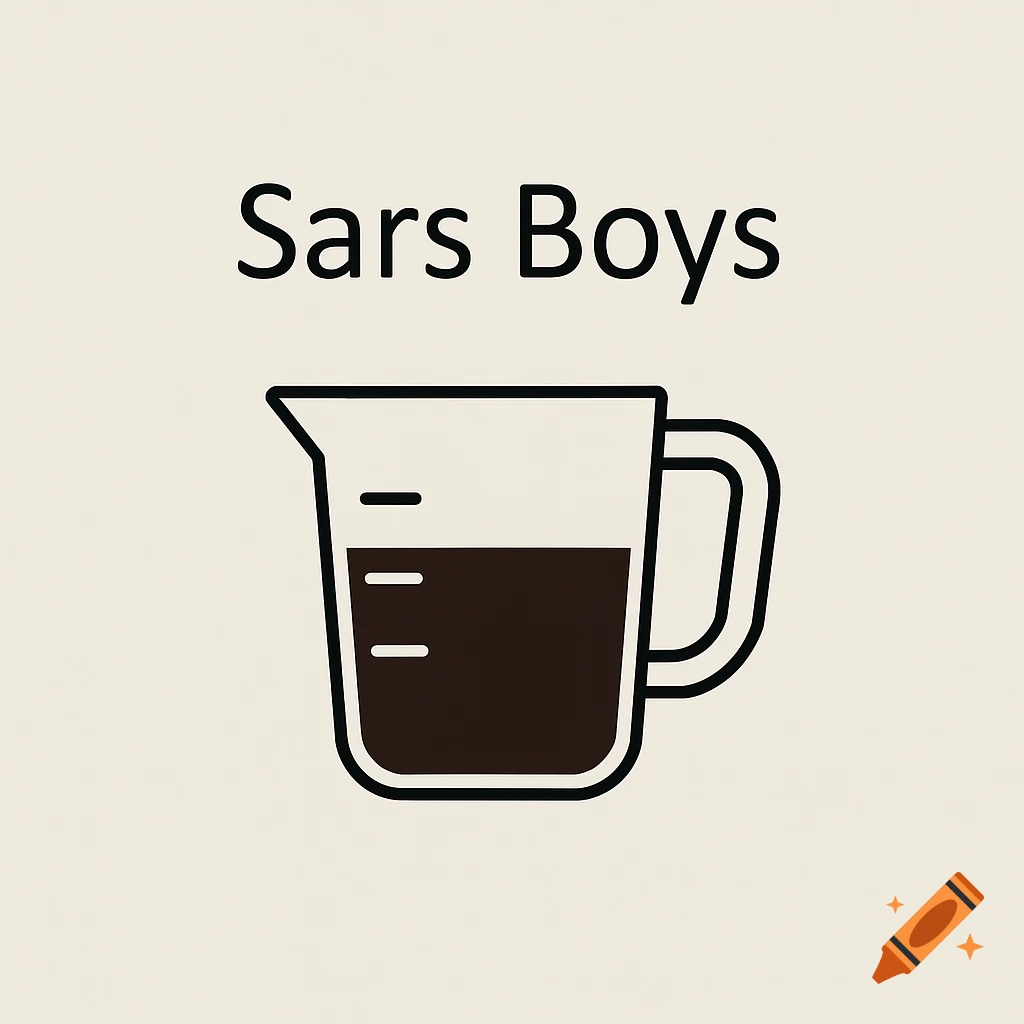 Minimalist logo with a measuring cup filled with dark liquid and 'Sars Boys' text.