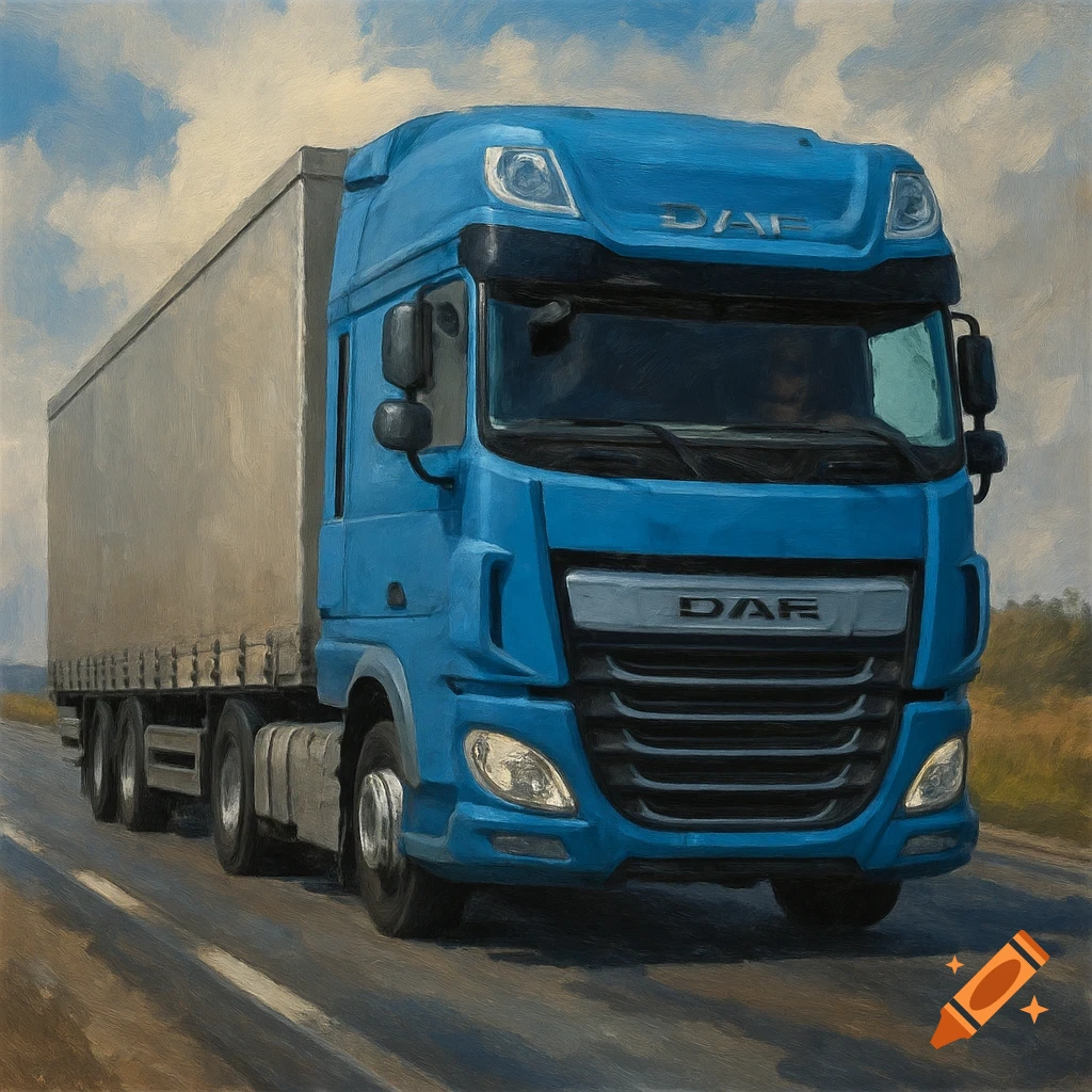 A blue DAF truck drives on a road in an oil painting style.
