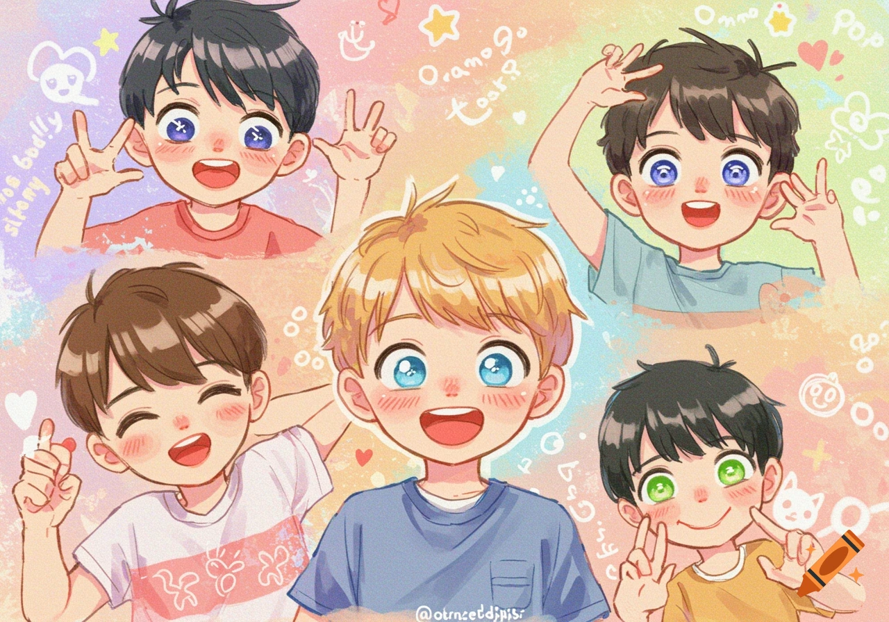 Five cute animated boys smiling and posing in anime style.