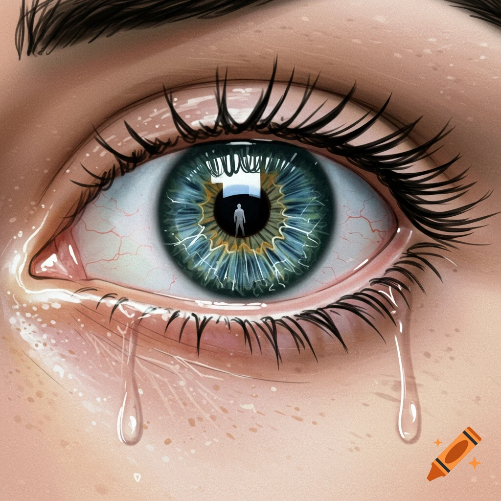 A stylized drawing of a blue eye shedding tears, reflecting a tiny figure walking away in the pupil.