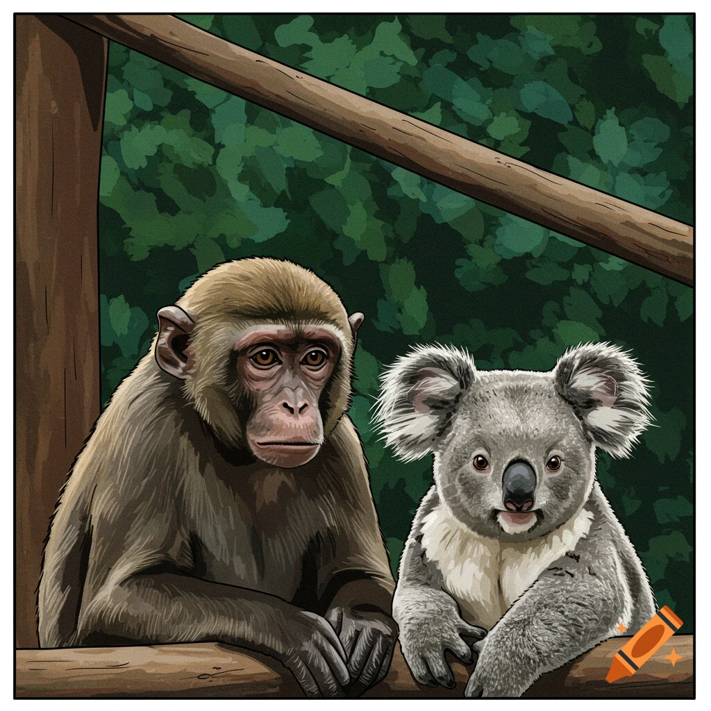 A monkey and a koala sit side-by-side on a branch in an illustration.