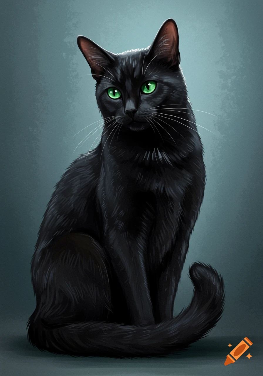 Digital painting of a black cat with bright green eyes.