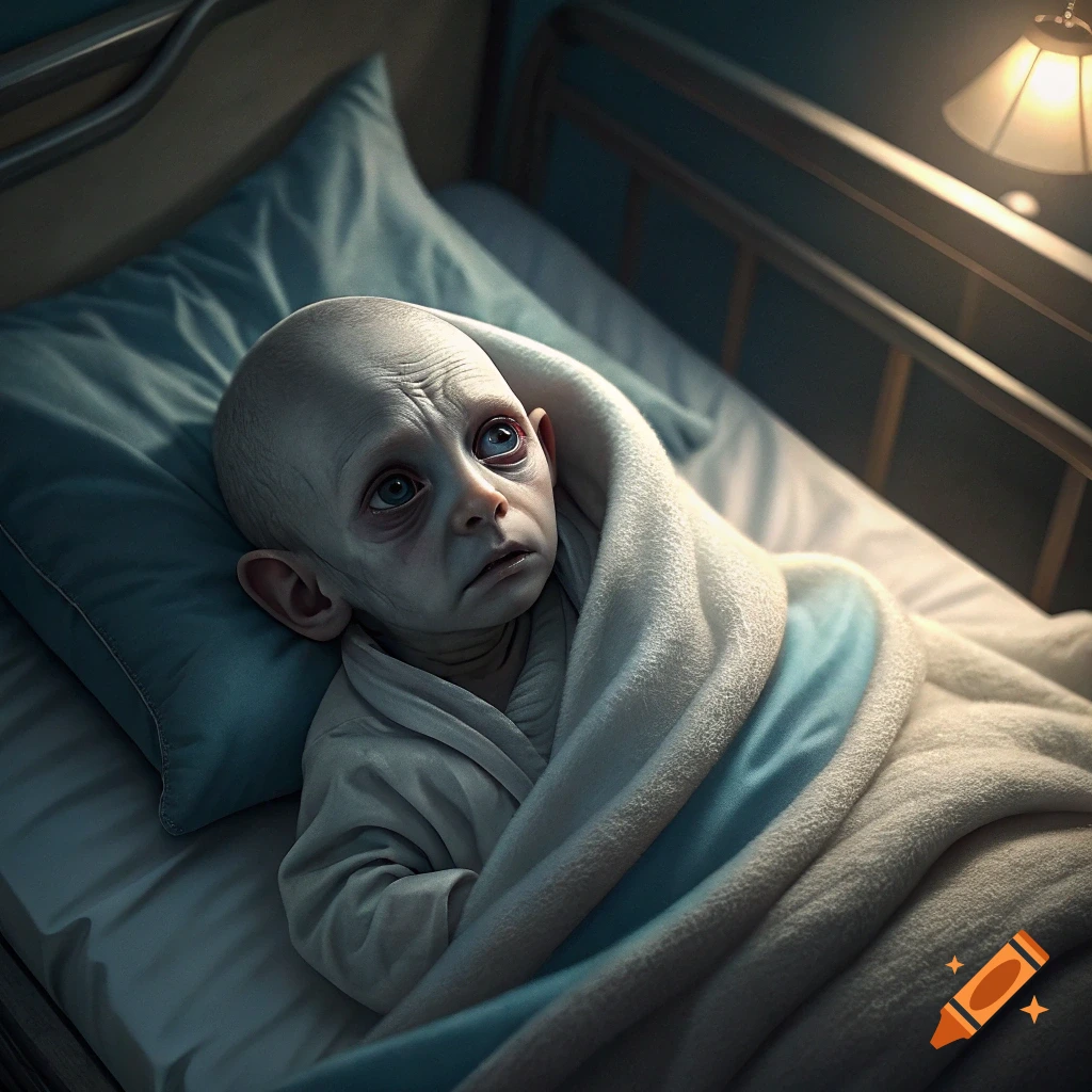 A strange, bald baby with large eyes wrapped in a blanket lies in a hospital bed.