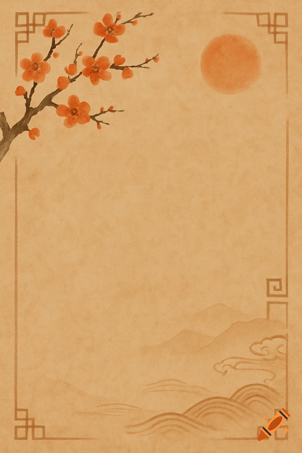 Chinese style background with plum blossoms, sun, mountains, and border on textured paper