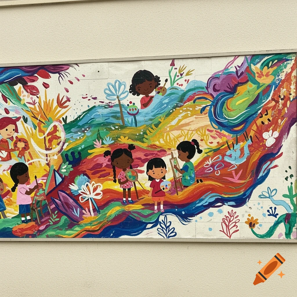 Colorful mural of diverse children painting amidst swirling colors and plants.