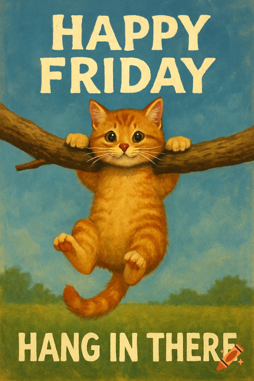 Cute orange cat hangs from a tree branch. Text reads 'HAPPY FRIDAY' and 'HANG IN THERE'. Illustration.