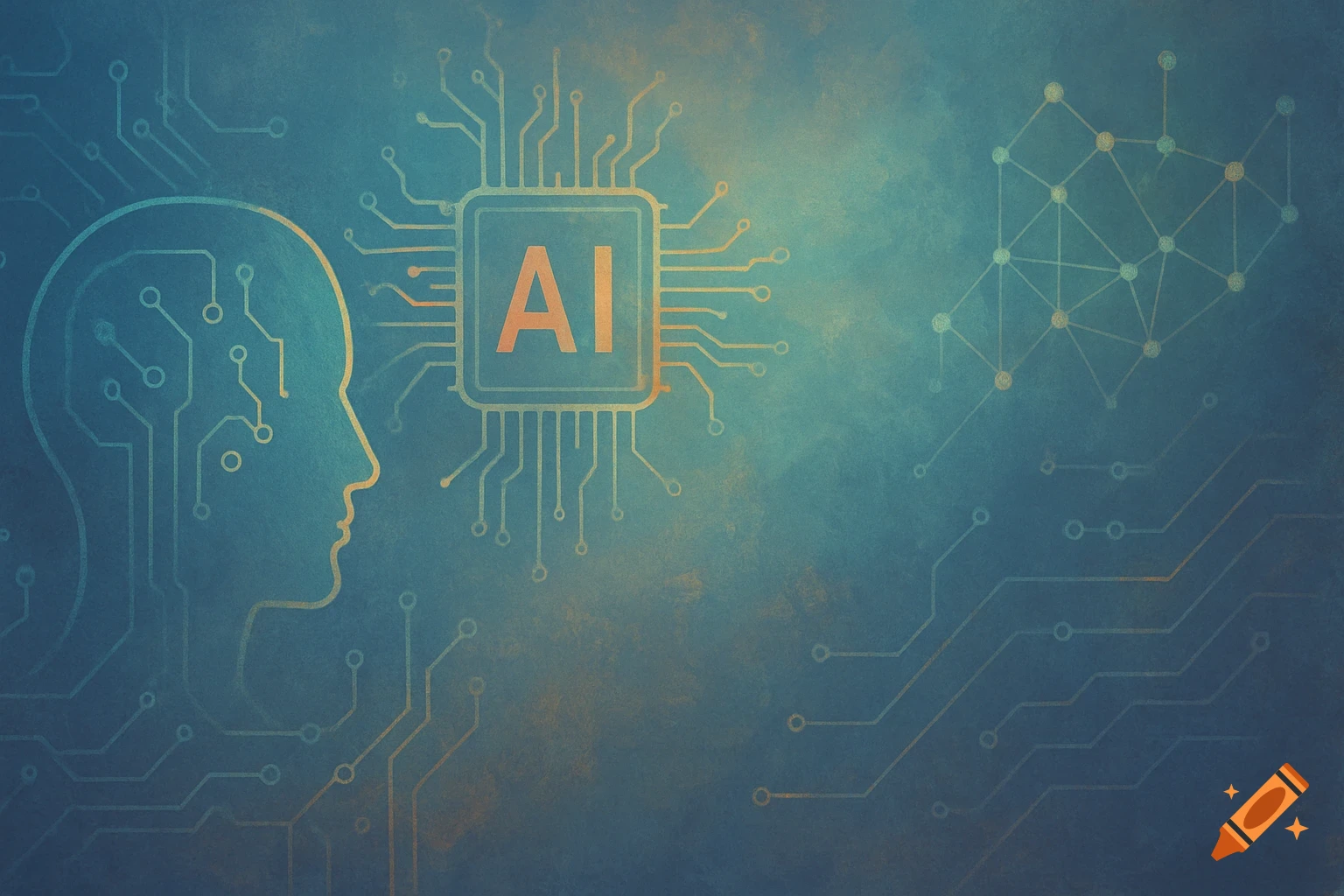 Stylized human head connected to an AI chip with circuits and network nodes on a textured background.