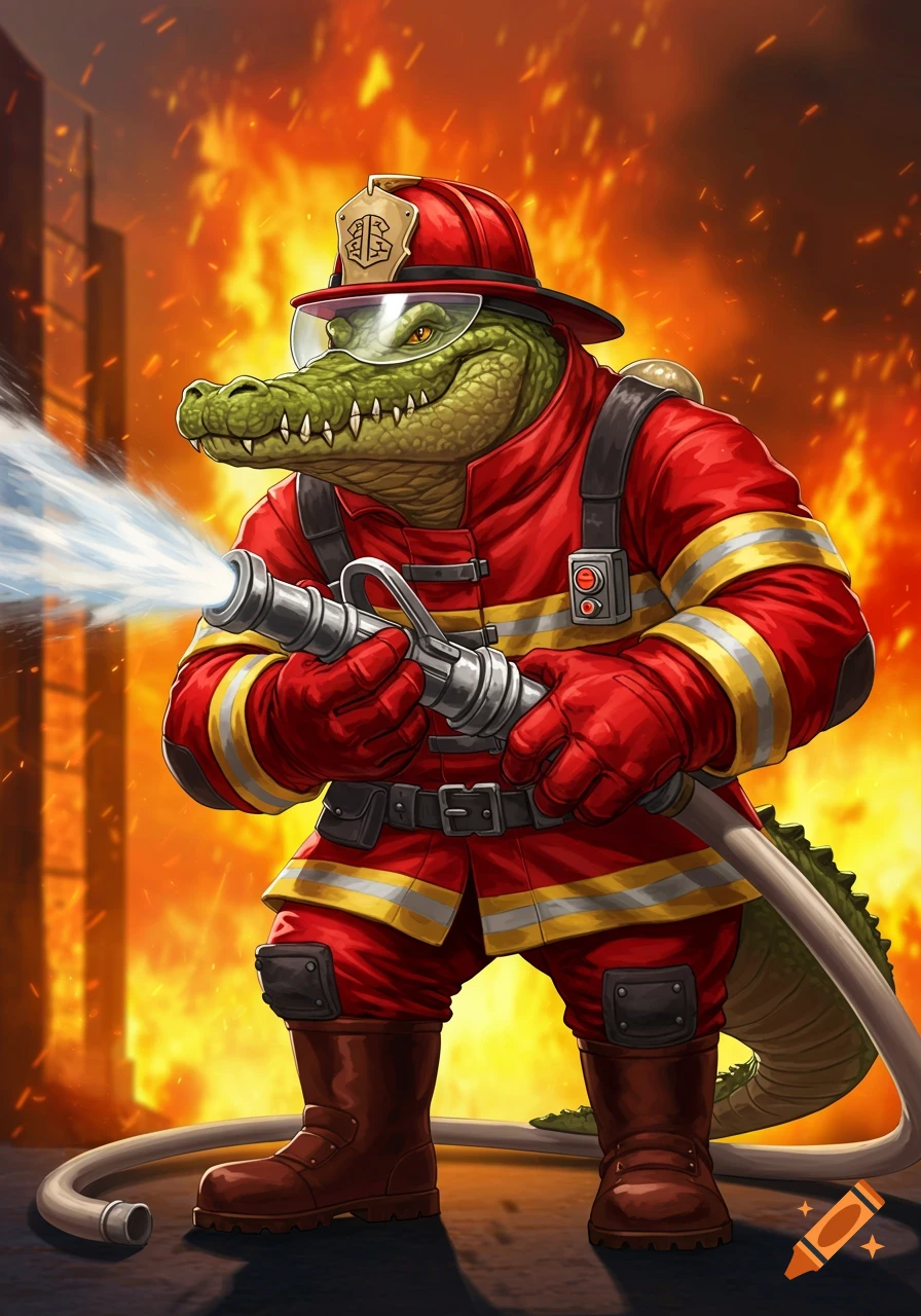 An alligator in a firefighter uniform holds a hose and sprays water on a fire.