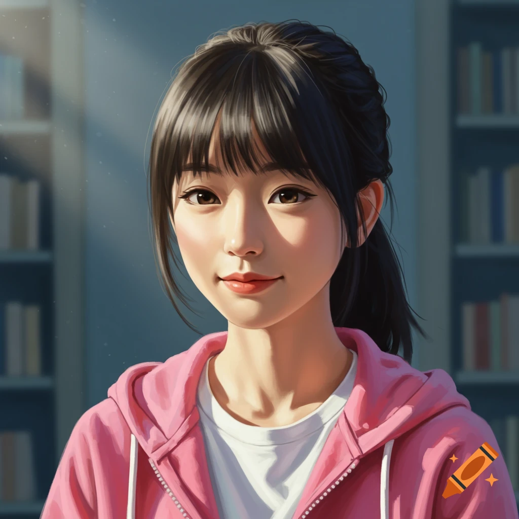 Portrait of a young woman with dark hair and pink hoodie smiling in a library or school setting.