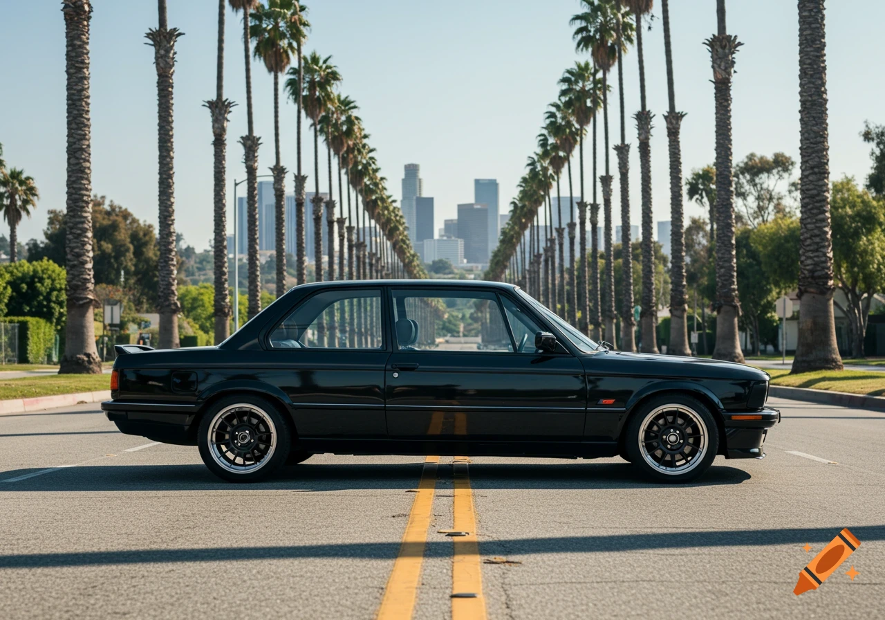 A black classic BMW car on a street with palm trees leading to a city skyline