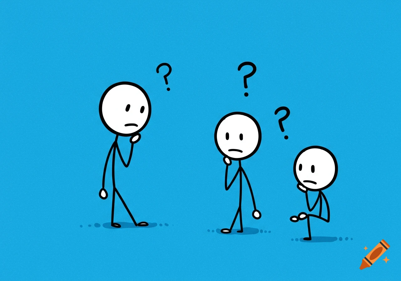 Three stick figures with question marks over their heads on a blue background.