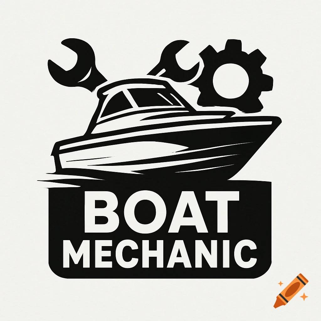 Black and white logo with a boat, crossed wrenches, a gear, and the text BOAT MECHANIC.