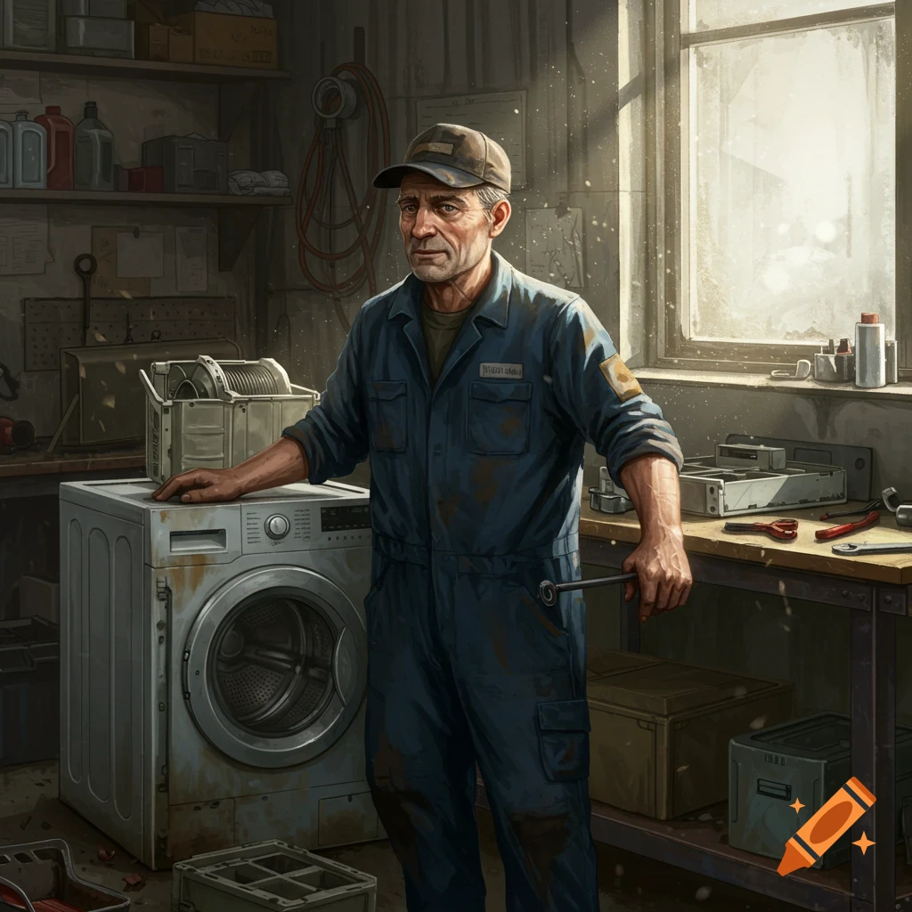 An appliance worker in a messy workshop stands next to a washing machine, holding a tool.