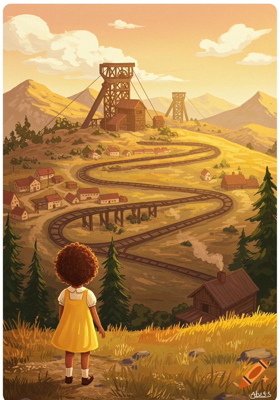 Illustration of a child looking up a winding valley road towards mining towers in the mountains.