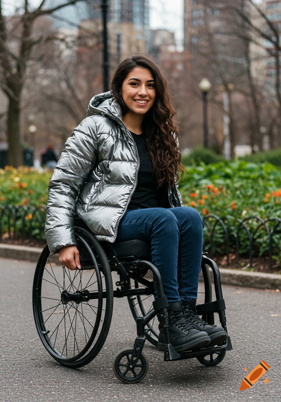 Young woman in silver puffer jacket uses a wheelchair in a park