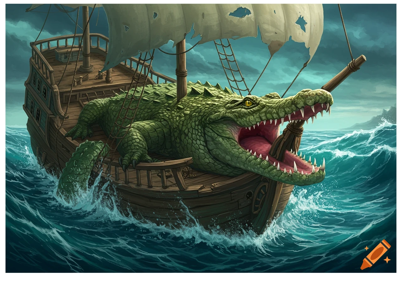 Illustration of a giant crocodile on a wooden ship sailing through a stormy sea.