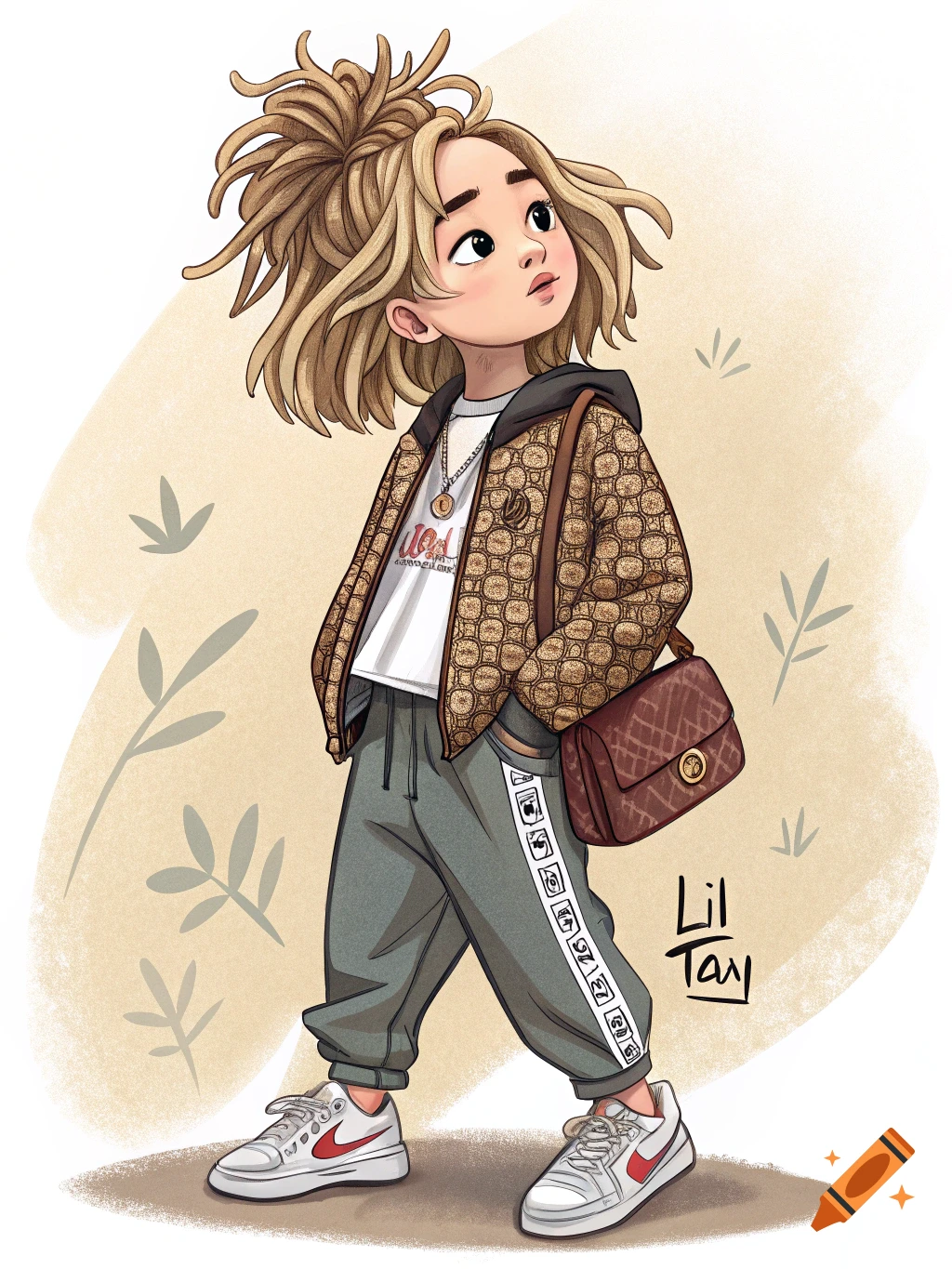 Stylized cartoon illustration of a young girl with blonde hair in a patterned jacket, sweatpants, and sneakers, carrying a purse.