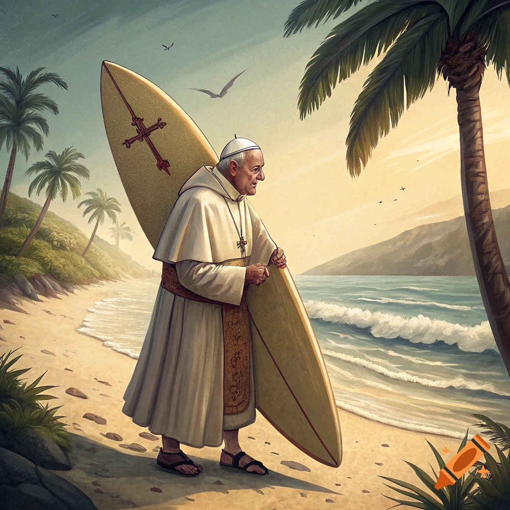 Illustration of the Pope carrying a surfboard on a tropical beach.
