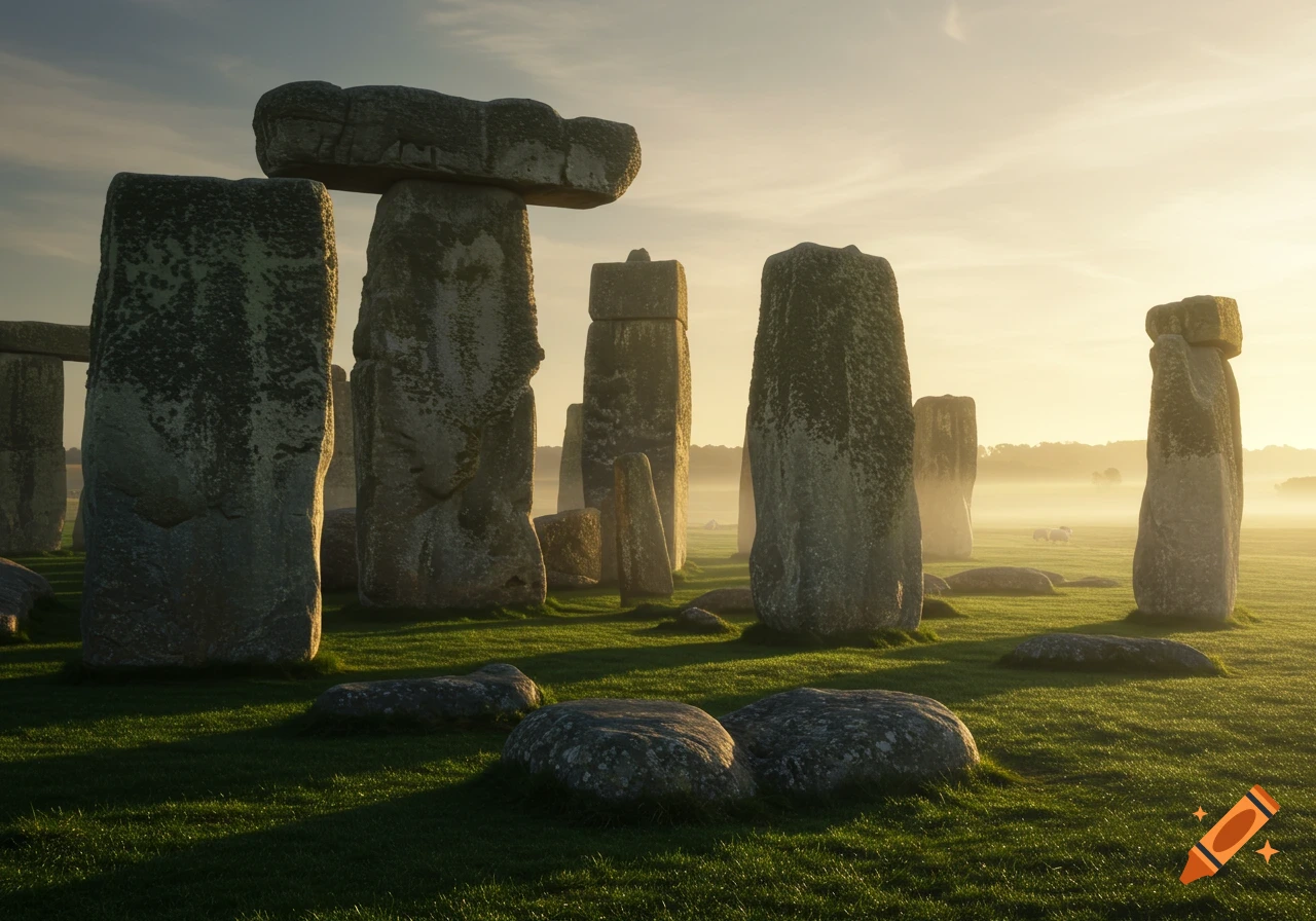 Stonehenge stones standing on a grassy field at sunrise with mist.