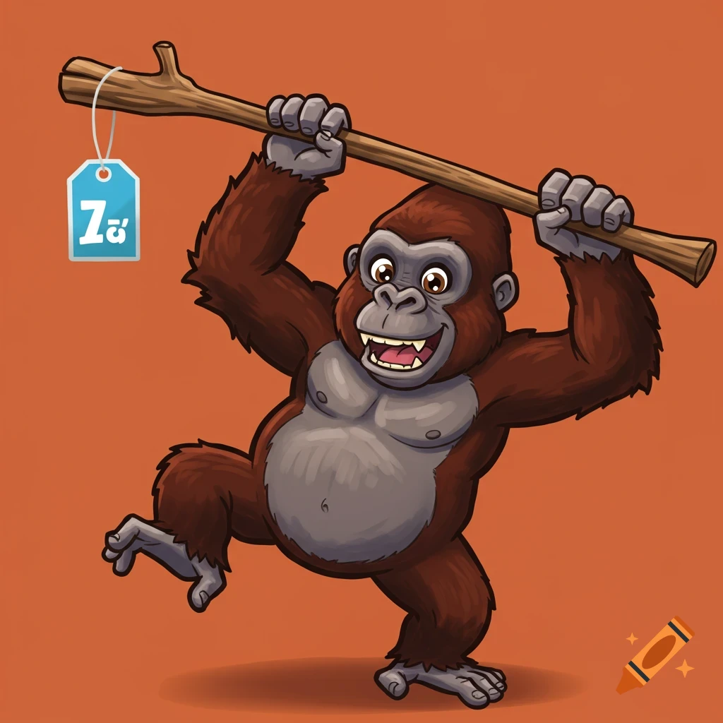 Cartoon gorilla holding a stick with a tag