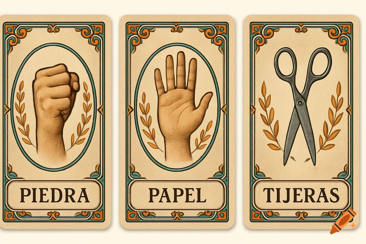 Three illustrated cards for rock, paper, scissors game with Spanish text 'Piedra', 'Papel', 'Tijeras'.