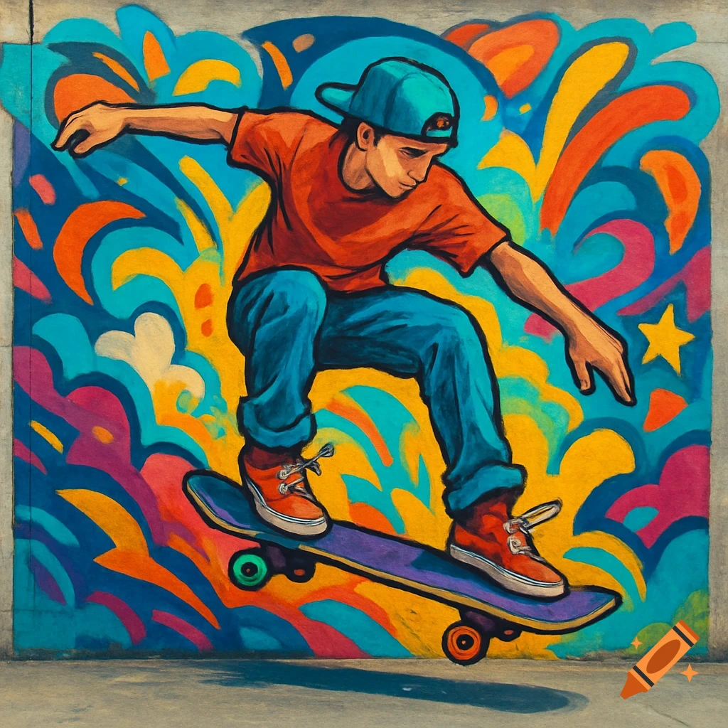 Skateboarder doing a trick against a vibrant, colourful street art mural.