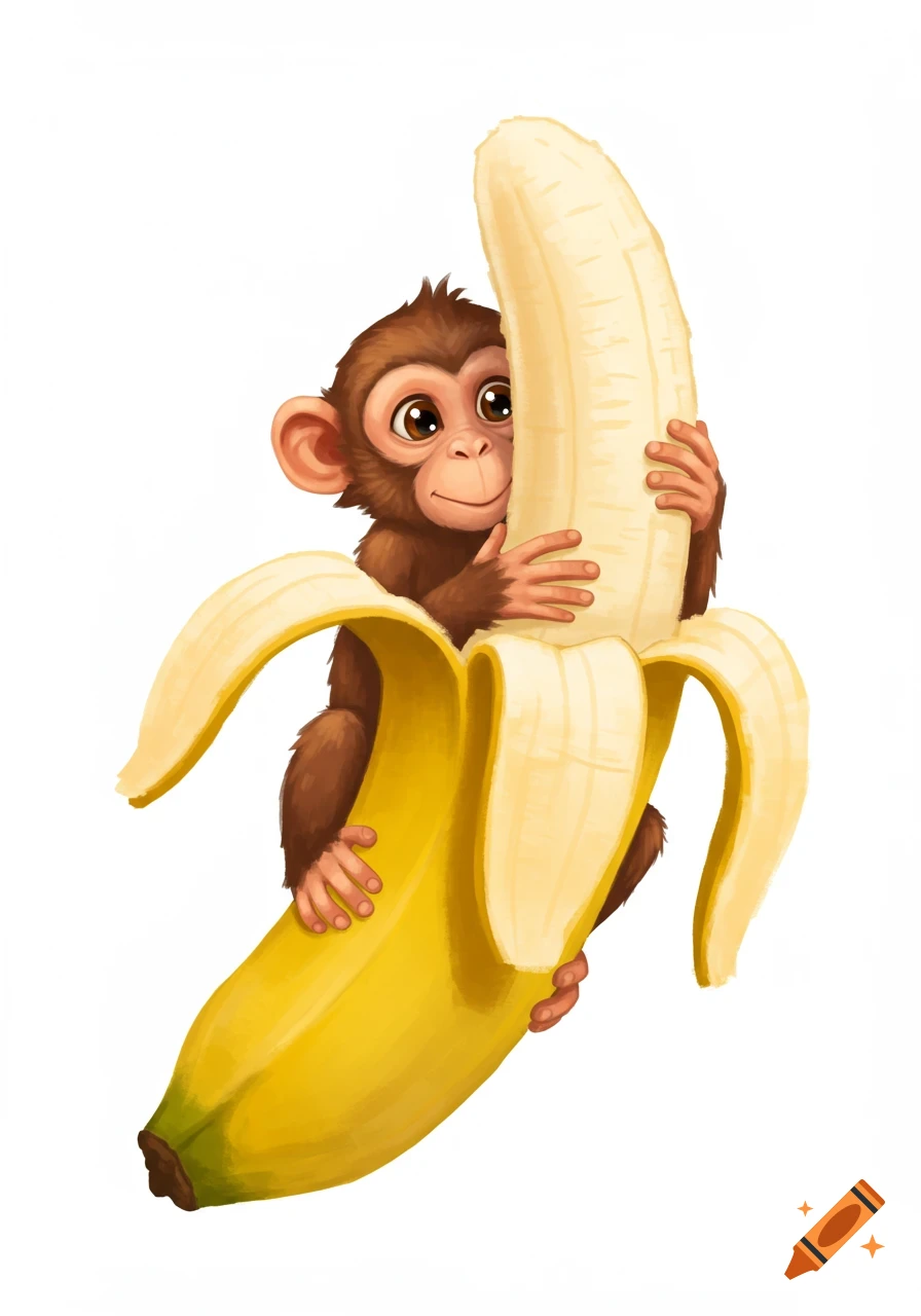 Cute cartoon monkey peeking from behind a large peeled banana, illustration
