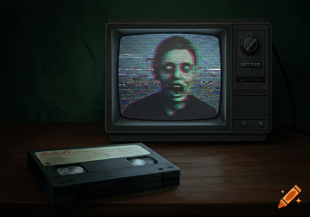 A distorted face on a glitching old television screen next to a VHS tape.