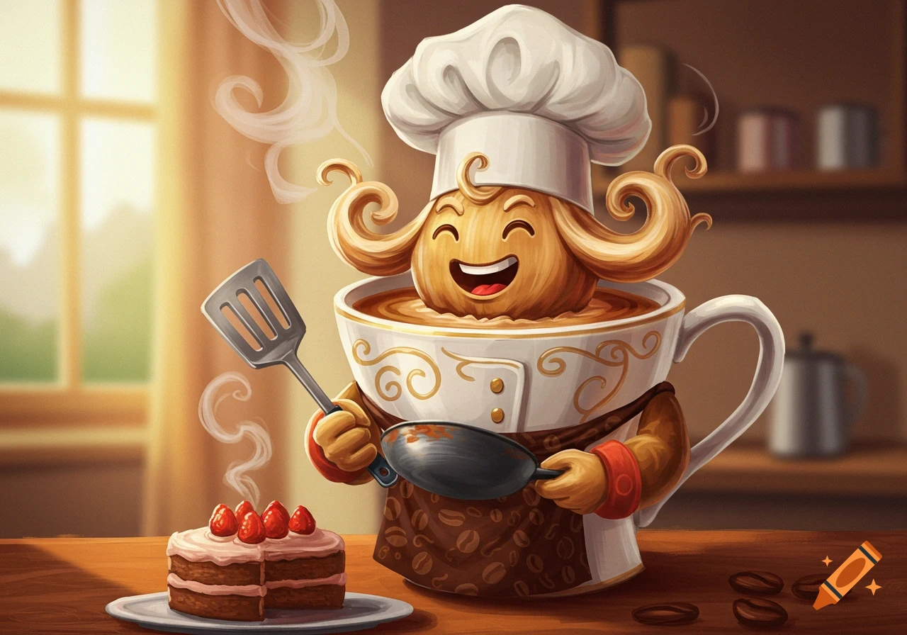 Cartoon coffee cup chef holds spatula and pan next to chocolate cake
