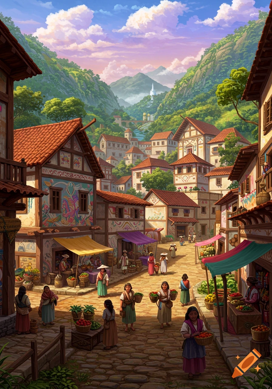 A vibrant market scene in a village street with people, stalls, buildings, and mountains in the background.