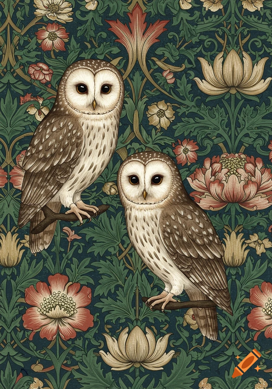 Two owls perched against a deep green background with a brown and red William Morris-style floral pattern.