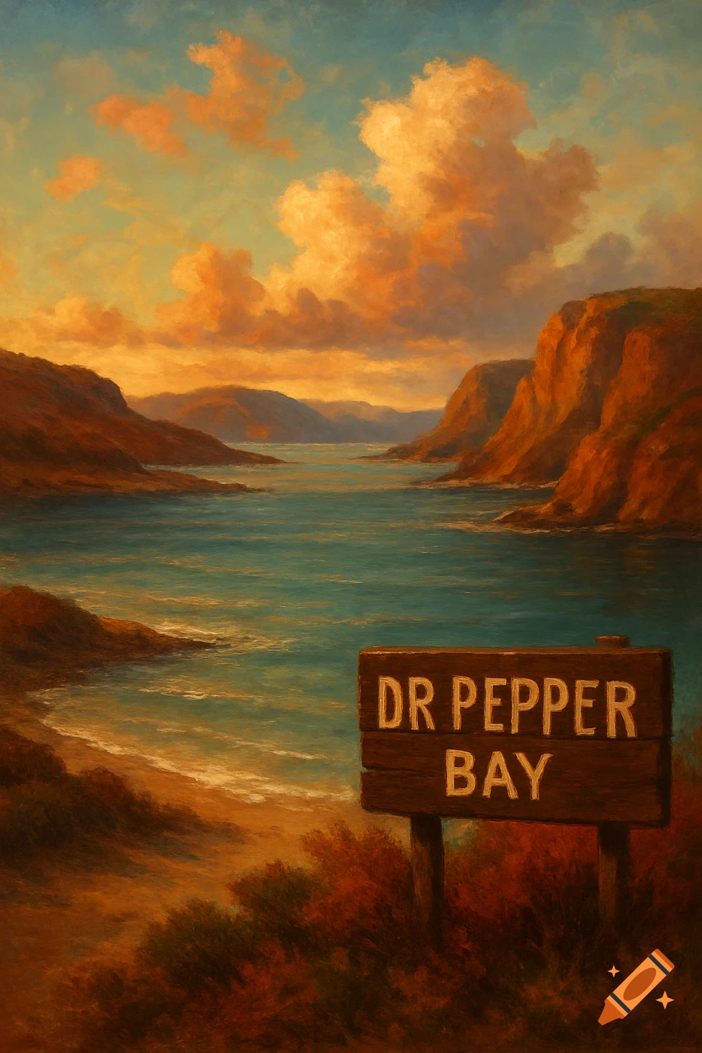 Painting of a bay landscape with cliffs, beach, and a sign reading DR PEPPER BAY.