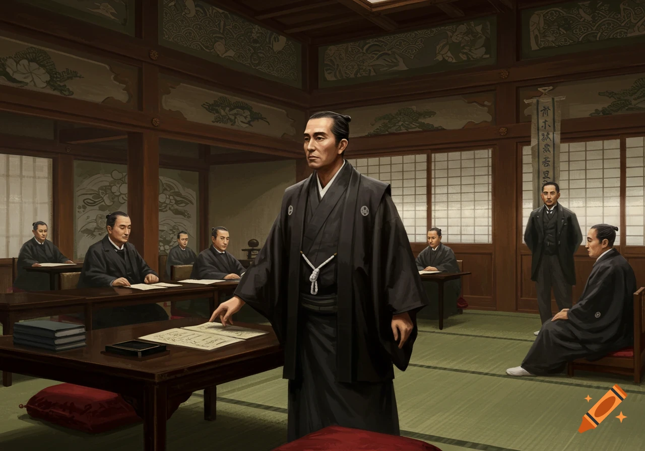 Men in traditional Japanese clothing are gathered in a meeting room with tatami mats and shoji screens. One man stands gesturing towards papers on a table.