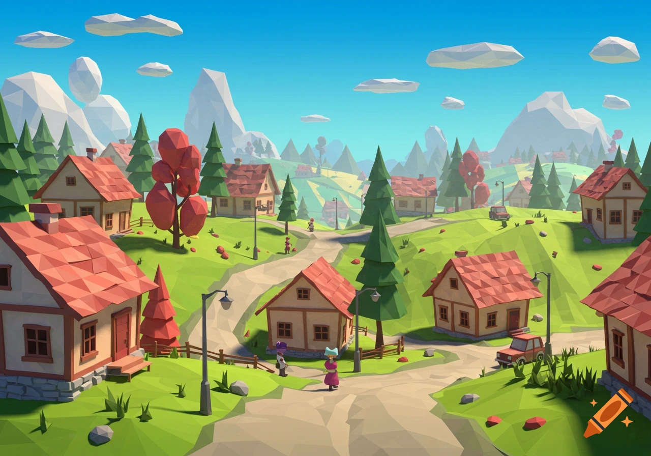 Low poly village landscape with houses, trees, and figures