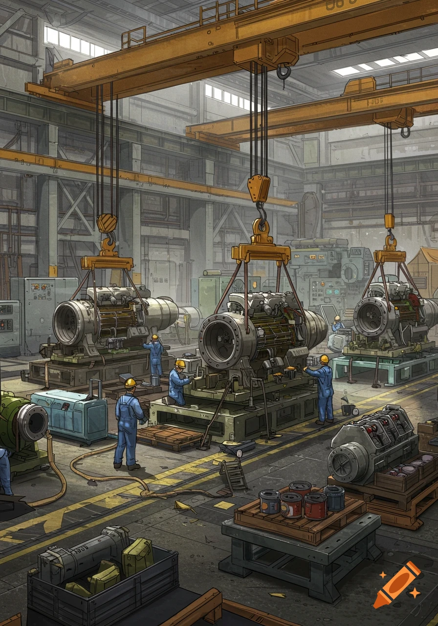Workers assemble large compressors in a factory with overhead cranes, illustrated style.