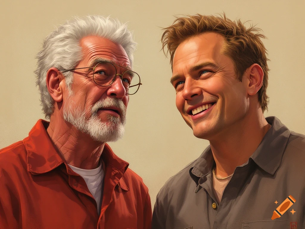 Two men resembling Morgan Freeman and Tim Robbins smile in a rendered portrait.