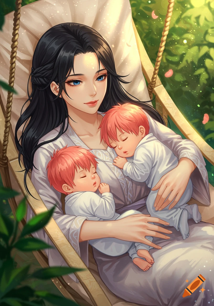Anime woman with black hair holds two sleeping babies in a swing chair.