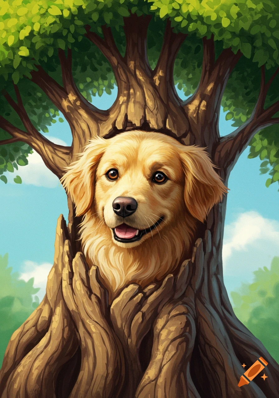 Golden Retriever head emerges from a tree trunk in an illustration