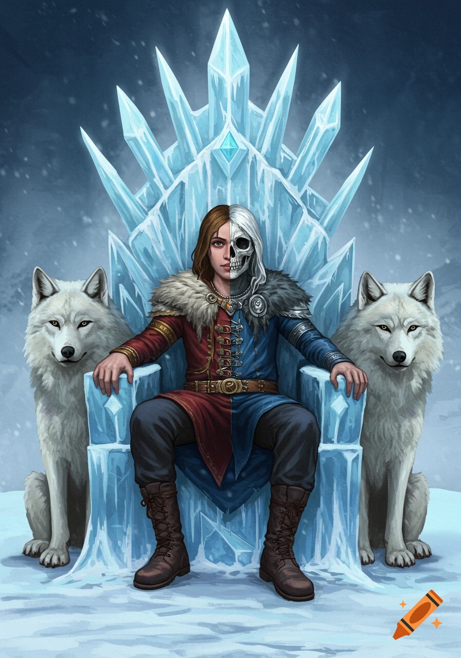 A person with a half-human, half-skull face sits on an ice throne flanked by two white wolves in a frozen landscape.