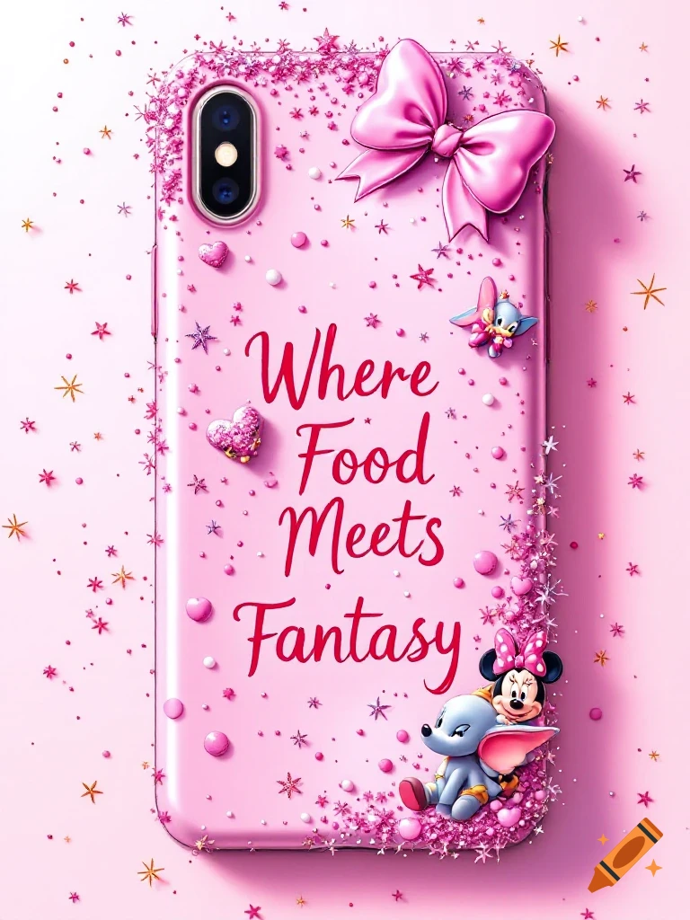 Pink phone case decorated with glitter, hearts, a bow, cartoon characters, and the text "Where Food Meets Fantasy".