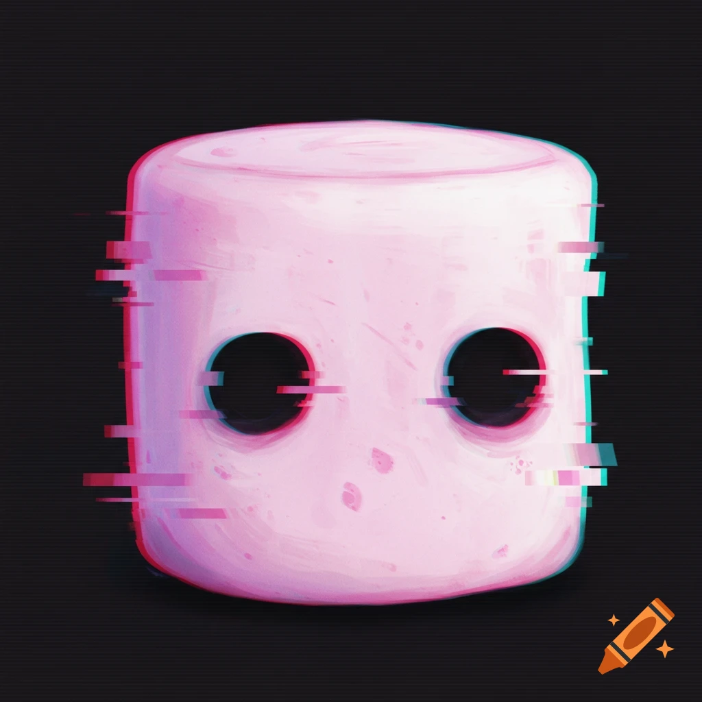 A marshmallow character with black eyes and a glitch effect.