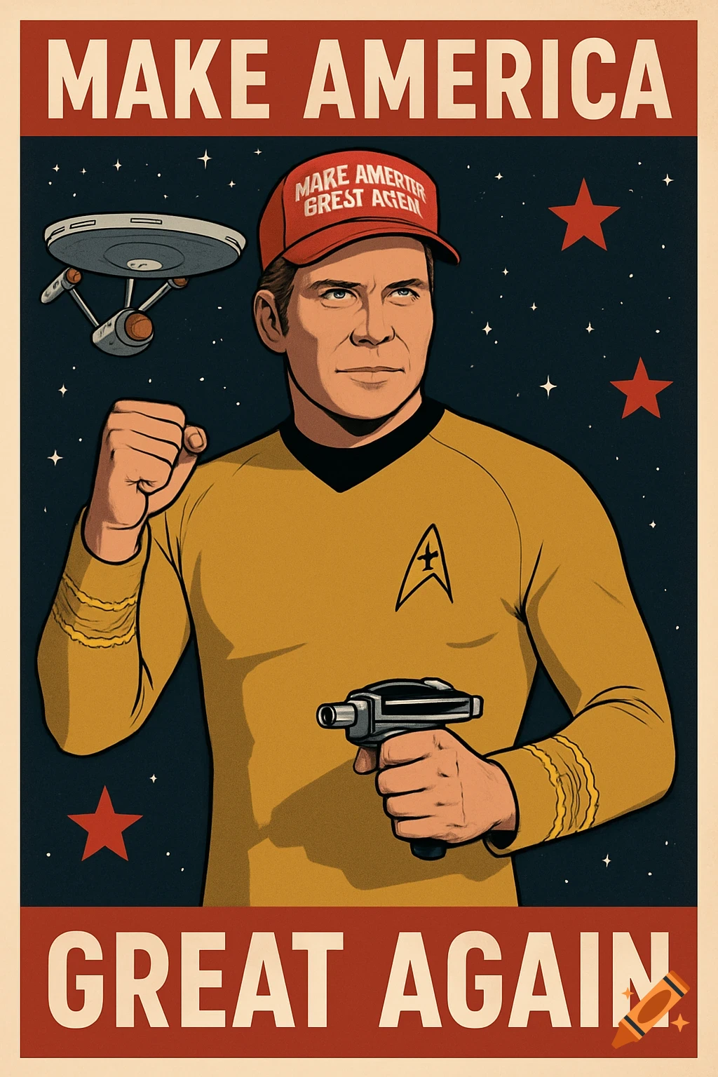 Political parody poster in graphic style featuring Captain Kirk in Starfleet uniform and a MAGA hat, next to the Enterprise ship. Text reads MAKE AMERICA GREAT AGAIN.