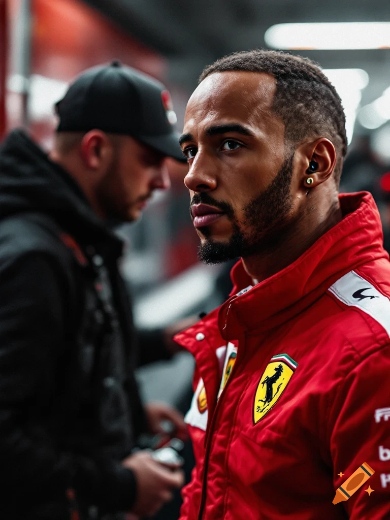 Close-up portrait of a man in a red racing jacket with logos, looking sideways.