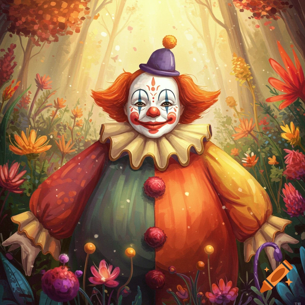 A painted illustration of a sacred clown standing in a mystical forest clearing filled with colorful flowers.