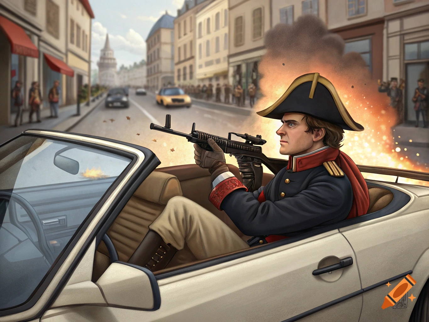 Napoleon in a convertible shooting a machine gun in a city street with explosions.